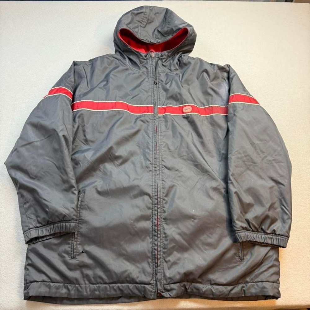 Nike Grey Red reversible Stripe Puffer Jacket Hooded Vintage Style